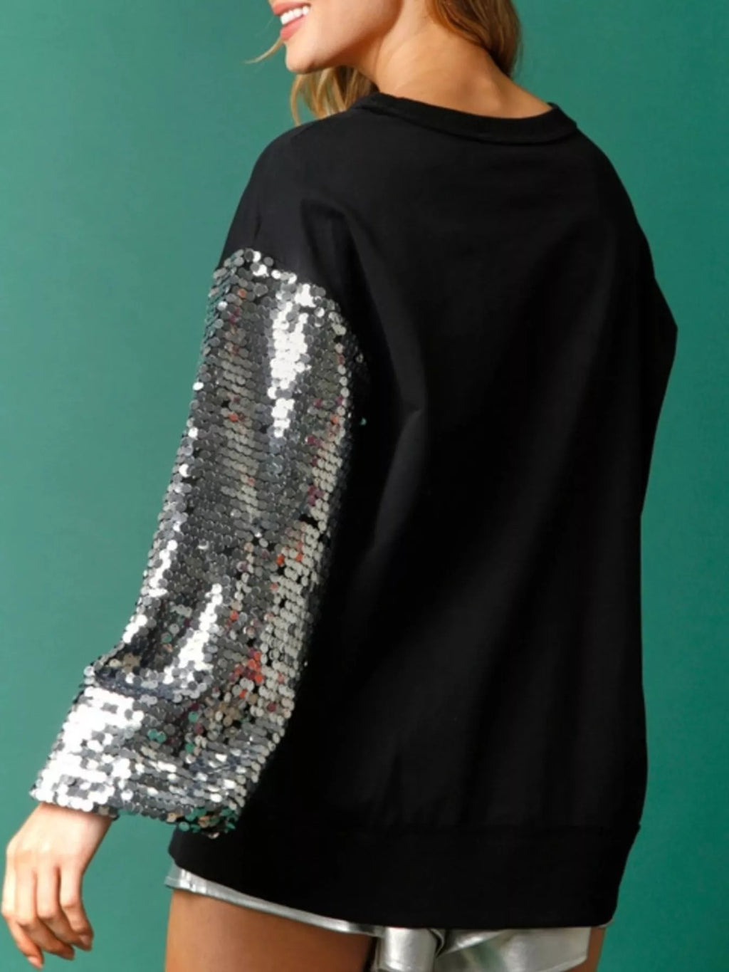 Sarah Express Women's Sequin Long Sleeve Round Neck Sweatshirt - Oversized Sparkle Top