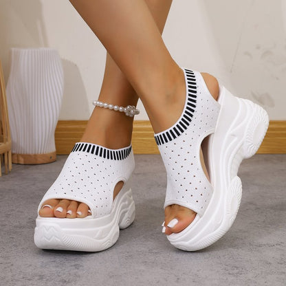 Sarah Express Women's Slip-On Flyknit Sporty Sandals | Thick-Soled Peep-Toe Mesh Sneaker Sandals White