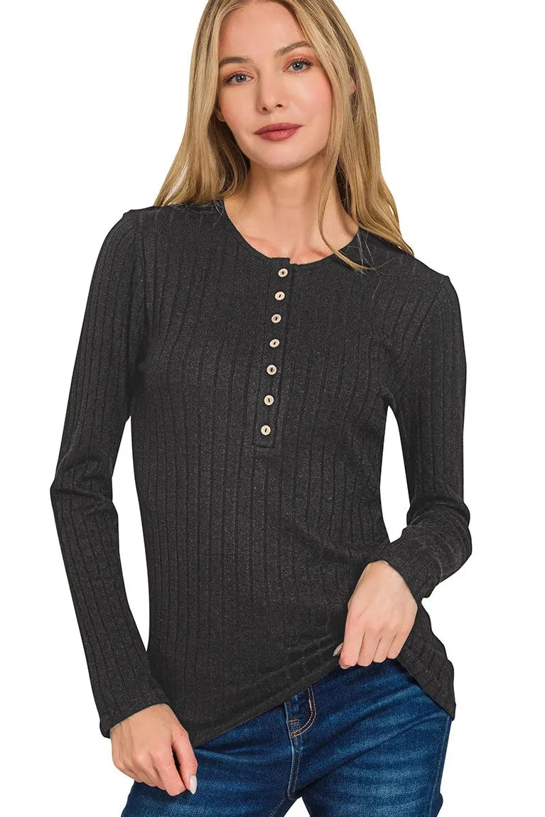 Sarah Express Women’s Ribbed Half Button Long Sleeve Top Casual