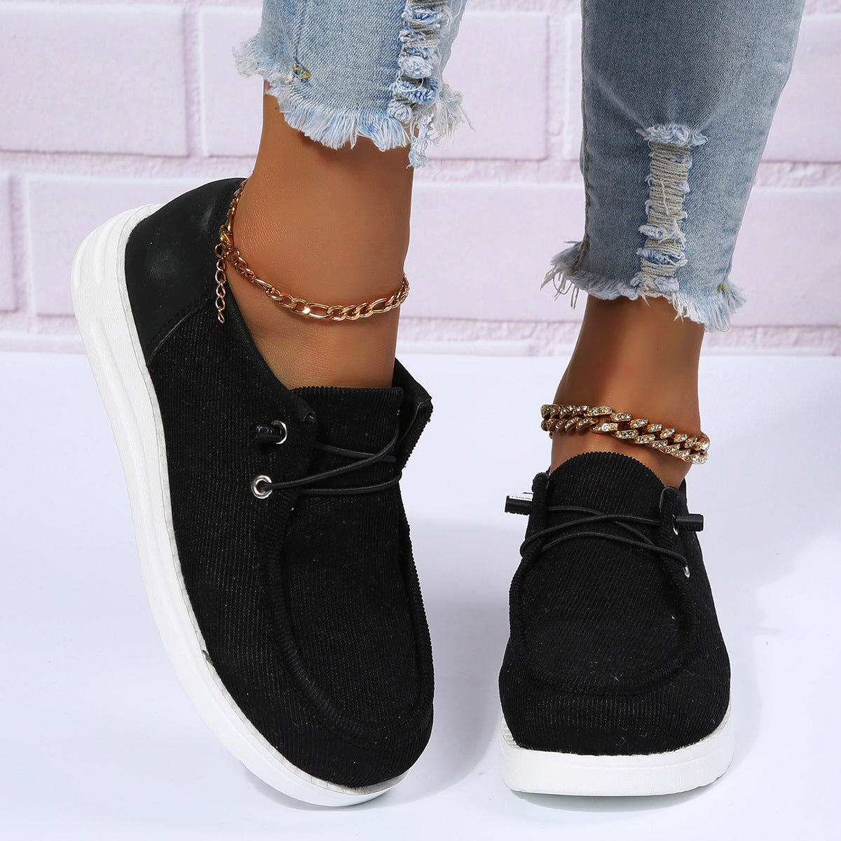 Sarah Express Women's Breathable Elastic Band Flat Shoes | Cloth Upper Round Toe Casual Walking Flats Black