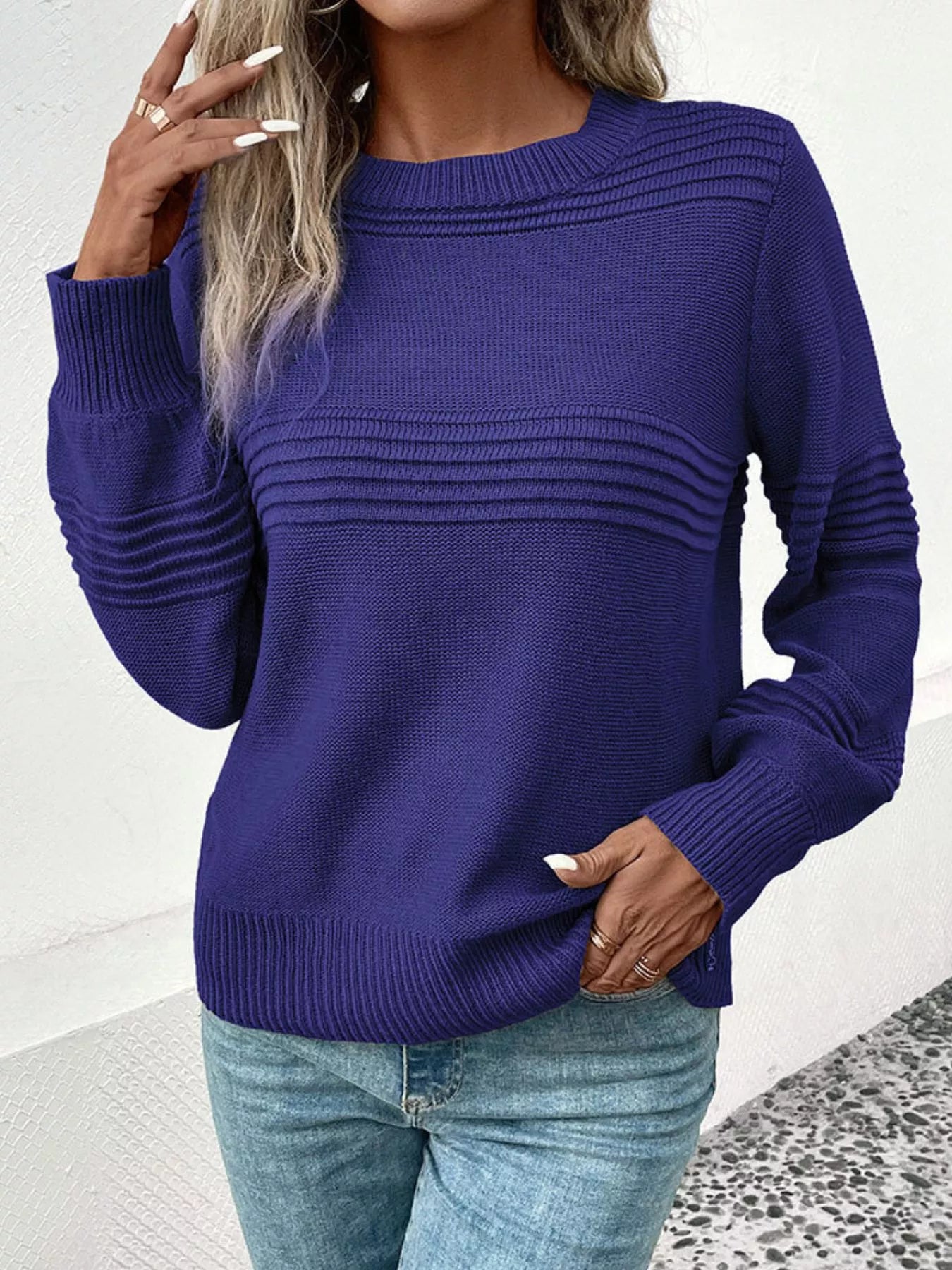 Sarah Express Women's Round Neck Long Sleeve Sweater Dark Blue