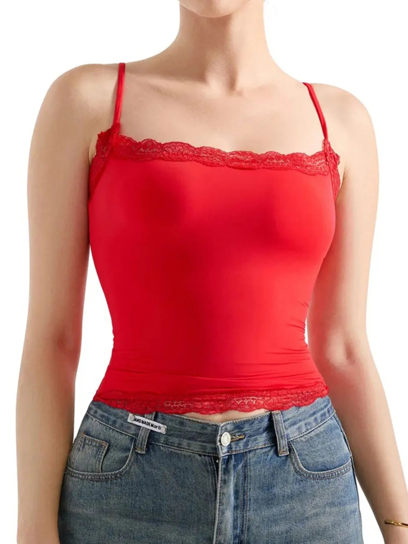 Sarah Express Women's Lace Trim Cami Top - Elegant Sleeveless Tank Red