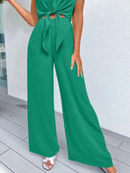 Sarah Express Women's Tie Front Top and Wide Leg Pants Set