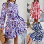 Women's Floral Print A-Line Dress - Standing Collar Long Sleeve Ruffle Dress