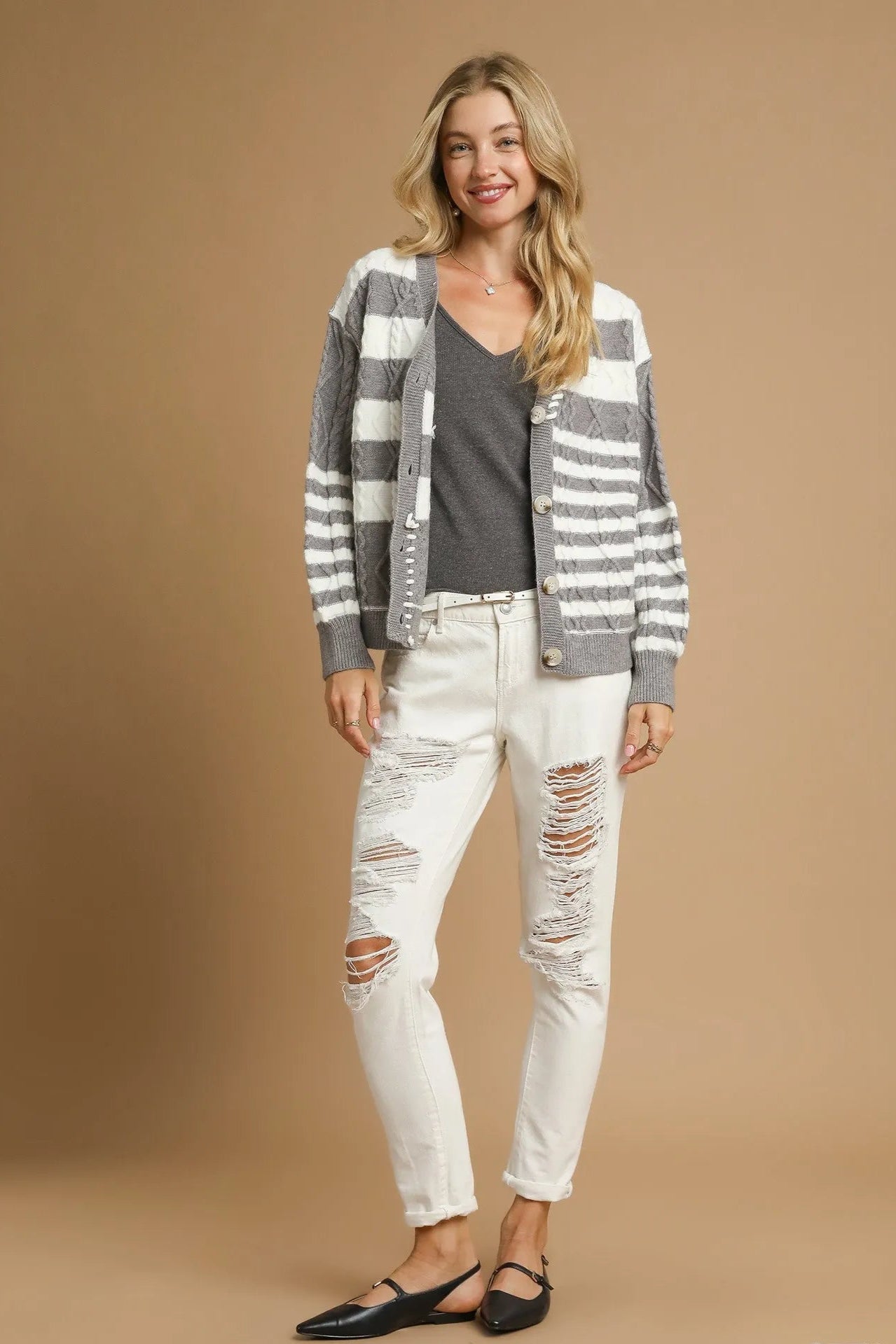Sarah Express Women’s Stripe Cable-Knit Button-Up Cardigan Casual Fall Winter