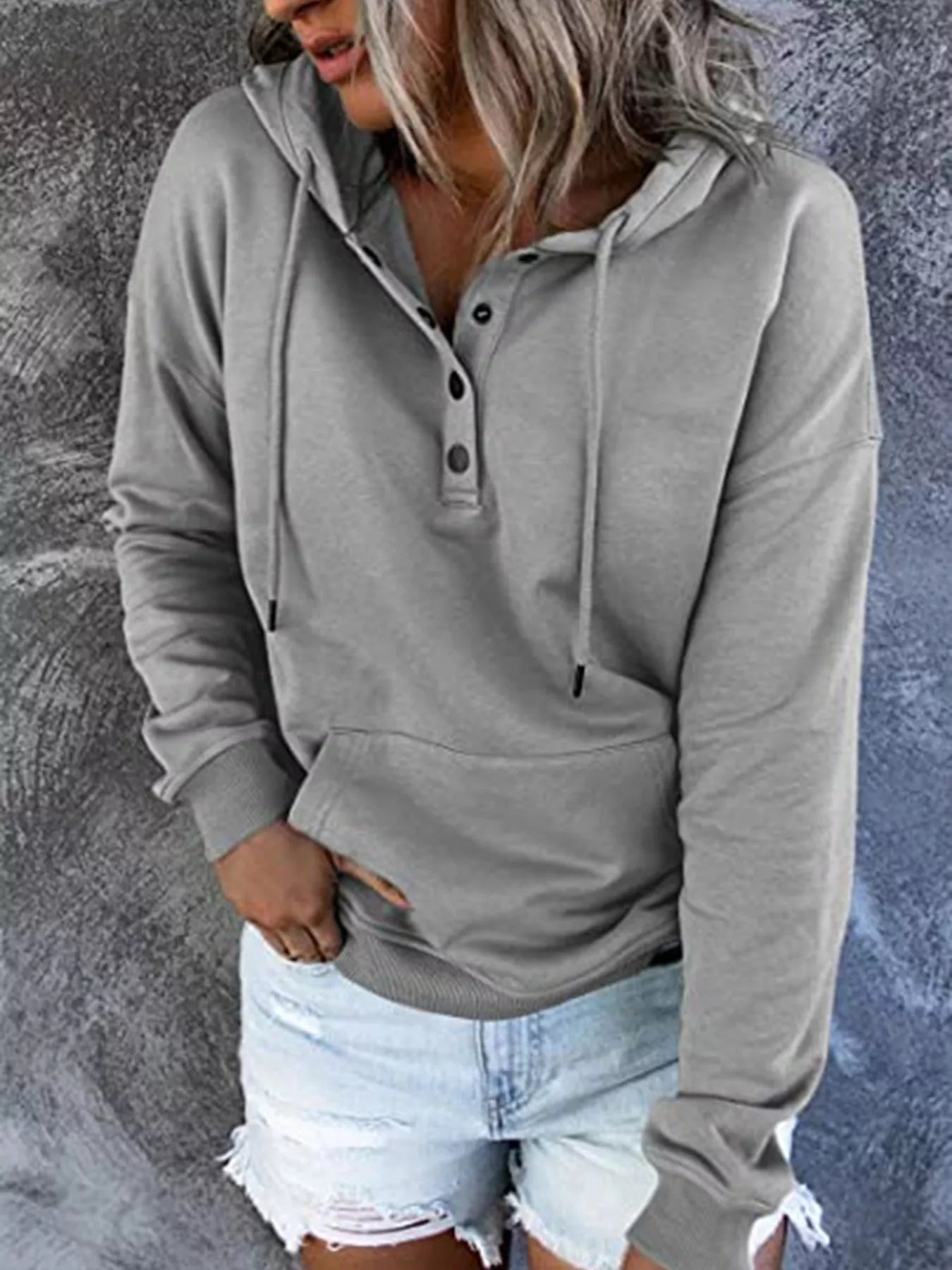 Sarah Express Women's Drawstring Kangaroo Pocket Dropped Shoulder Hoodie Gray