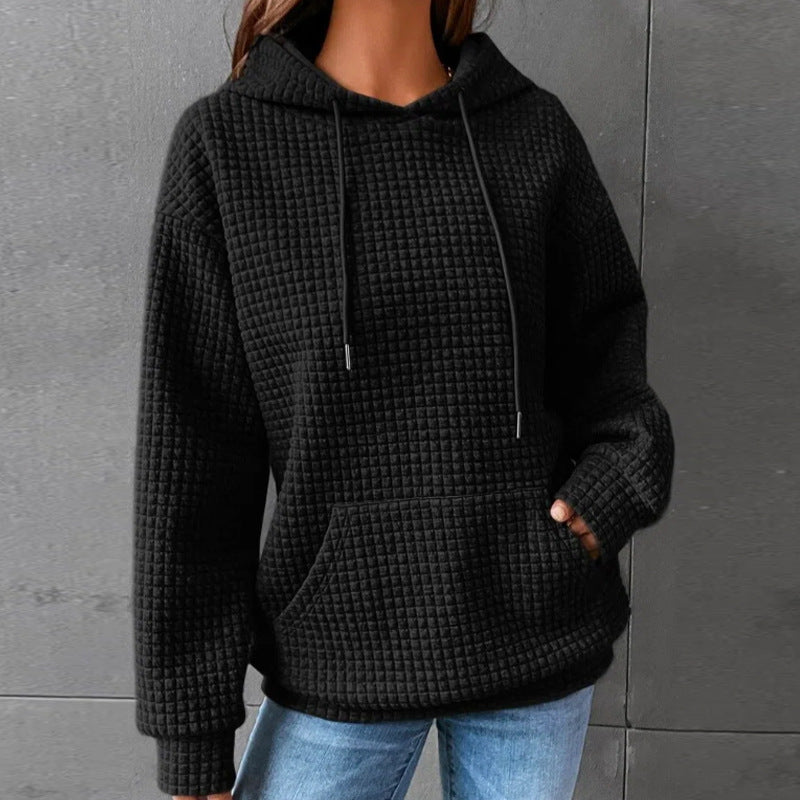 Women's Solid Color Hoodie Long Sleeve Plaid Pocket Pullover Sweatshirt Casual