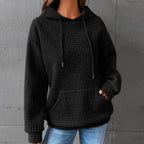 Women's Solid Color Hoodie Long Sleeve Plaid Pocket Pullover Sweatshirt Casual
