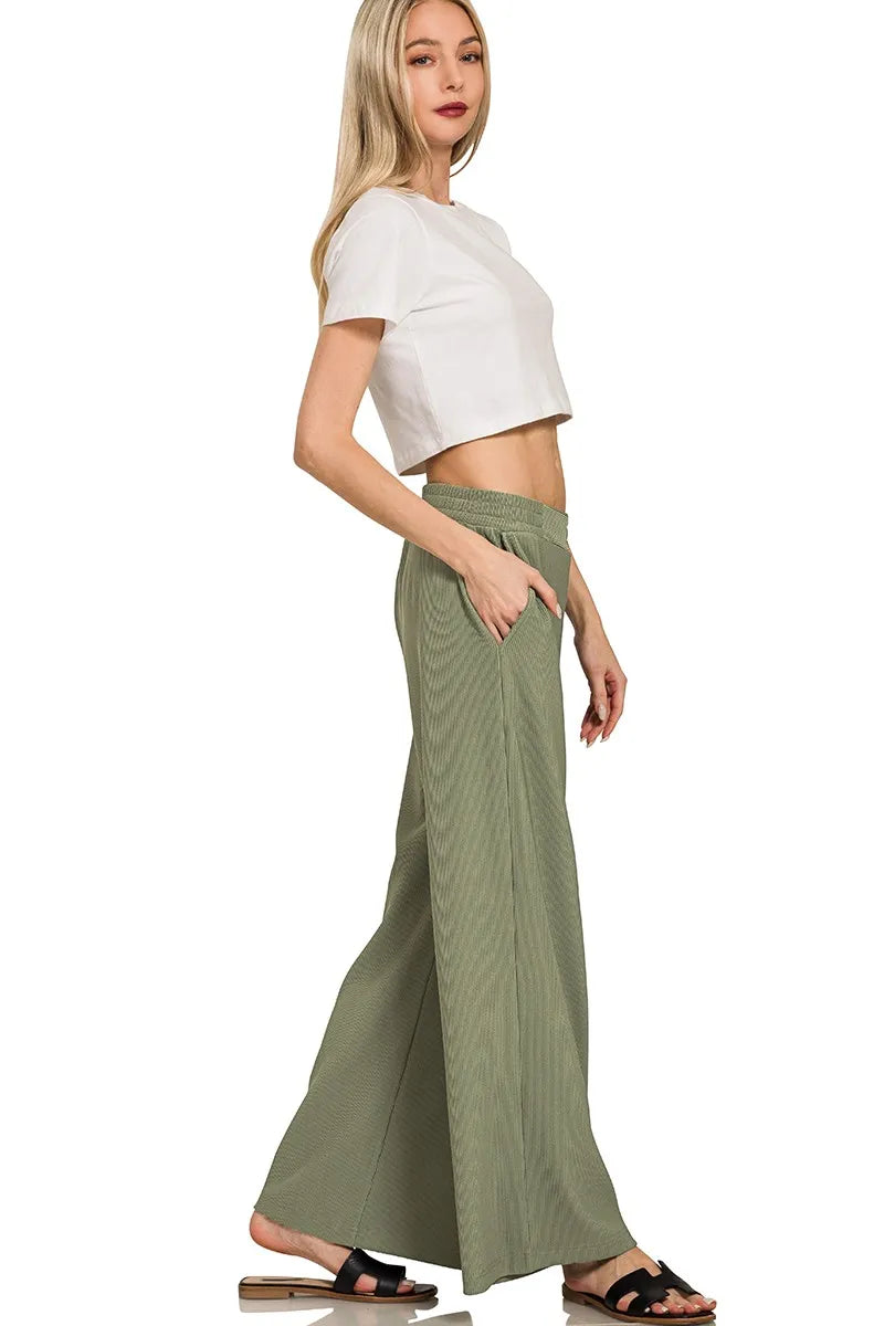 Sarah Express Women’s Ribbed High Neck Half Zip Lounge Set with Palazzo Pants