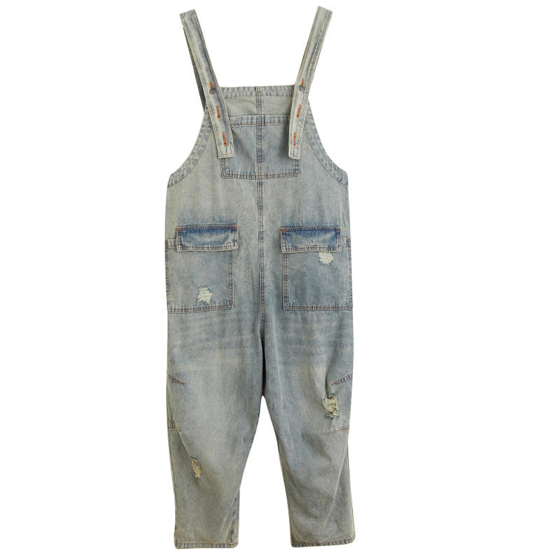 Ripped Denim Overalls Women Retro Light Wash Cotton Summer