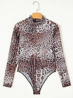 Sarah Express Women's Leopard Print Long Sleeve Mock Neck Bodysuit
