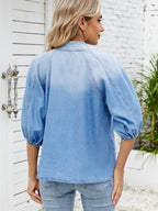 Sarah Express Women's Denim Bow Tie Puff Sleeve Button-Up Top