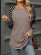 Sarah Express Women's Striped Round Neck Raglan Sleeve T-Shirt