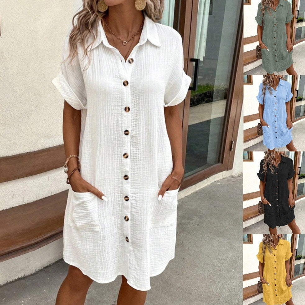 V-Neck Button Front Shirt Dress - A-Line Short Sleeve Women's Dress