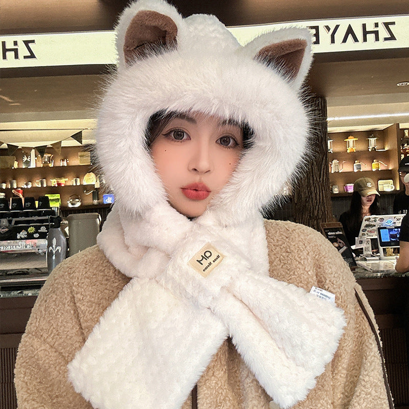 Furry Fox Ear Winter Hat with Neck Warmer Windproof Accessory