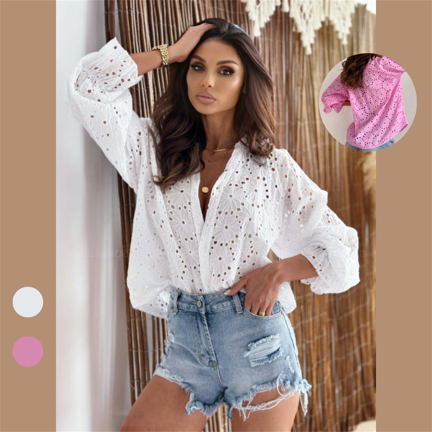 Women's Cotton Hollow Out Lantern Sleeve Shirt Casual Long Sleeve Blouse