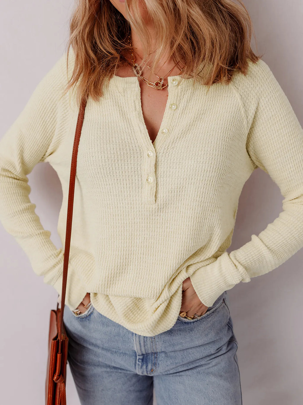 Sarah Express Women's Textured Knit Half Button Henley Top