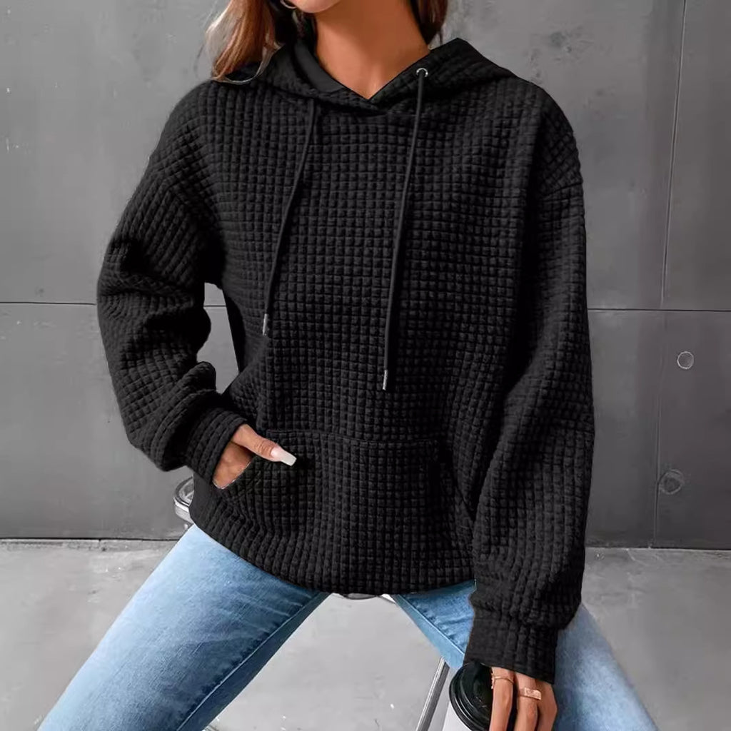 Women's Solid Color Hoodie Long Sleeve Plaid Pocket Pullover Sweatshirt Casual