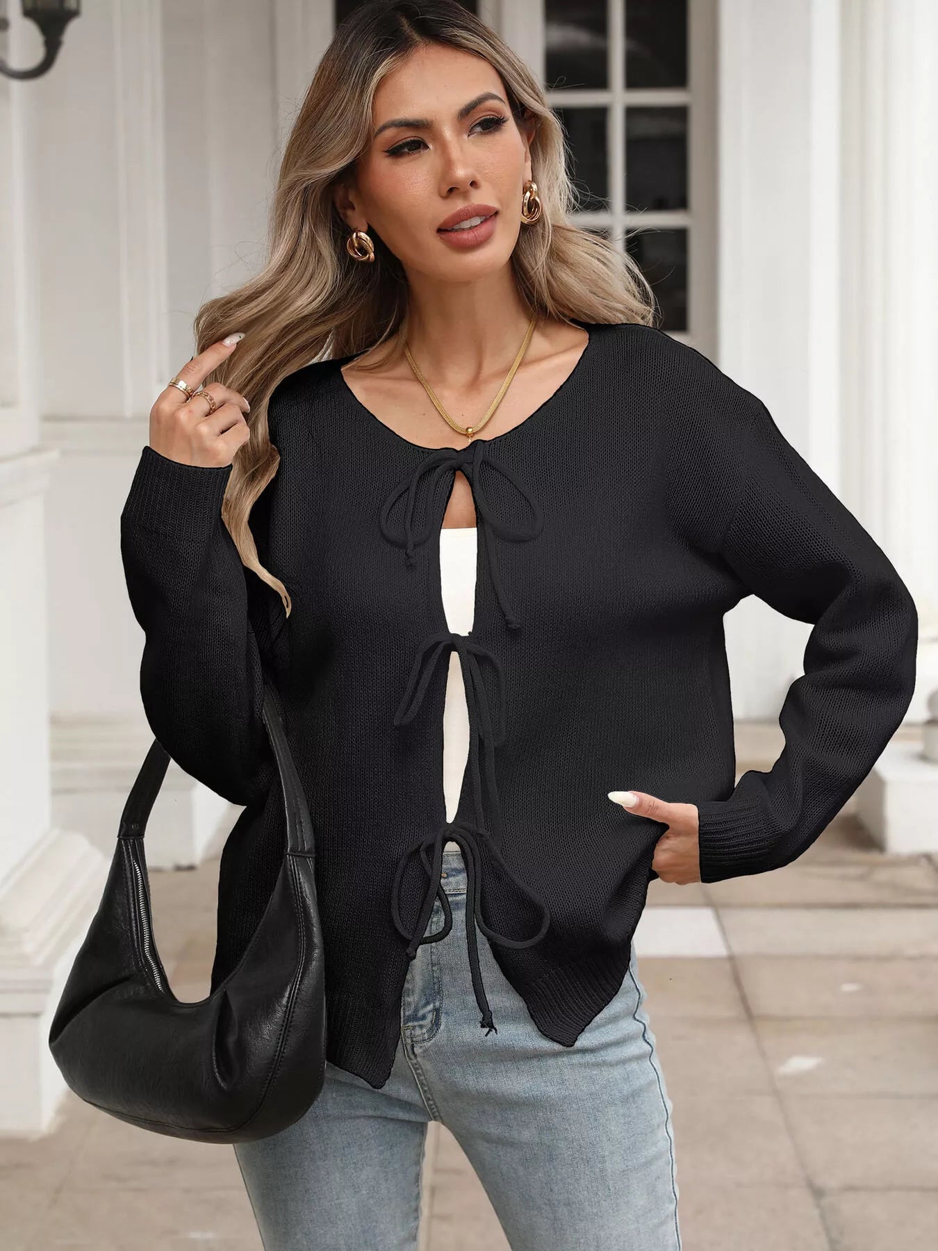 Sarah Express Women's Tie-Front Long Sleeve Cardigan - Ribbed Knit Sweater with Pockets Black