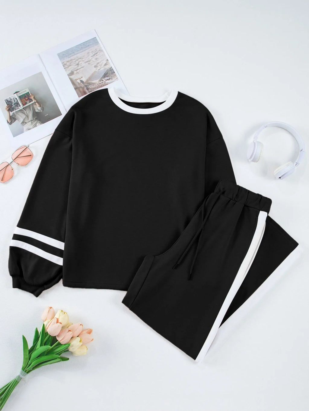 Sarah Express Women's Contrast Trim Round Neck Top and Pants Set