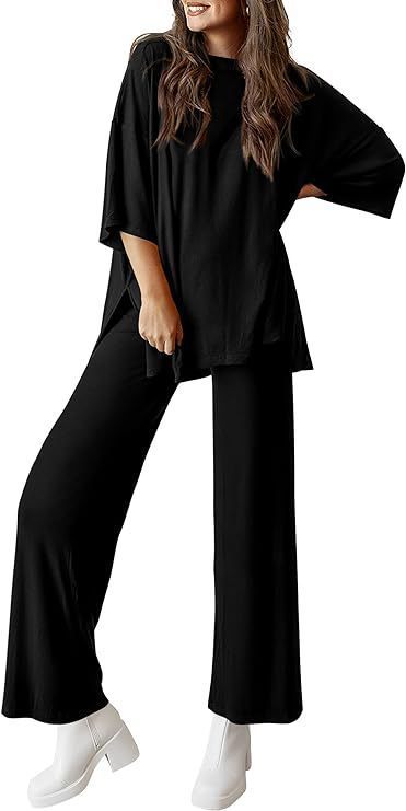 Two Piece Pullover Top Wide Leg Pants Set Polyester