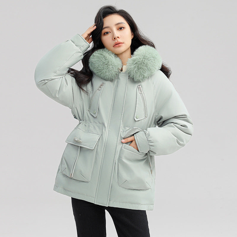 Sarah Express Women's Horn Button Parka Coat with Fur Collar Loose Fit Thick Winter Jacket