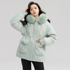 Sarah Express Women's Horn Button Parka Coat with Fur Collar Loose Fit Thick Winter Jacket