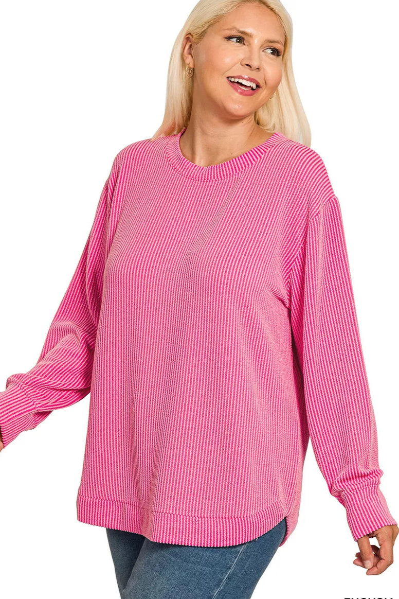 Sarah Express Women’s Plus Size Raised Rib Long Sleeve Top Casual All-Season