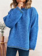 Sarah Express Women's Contrast Trim Round Neck Cozy Sweater