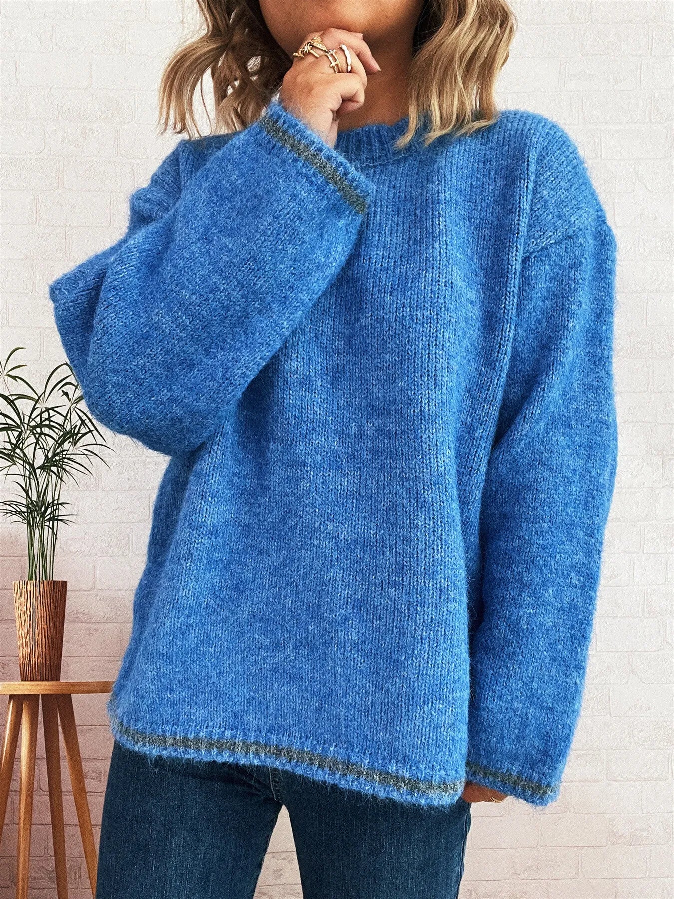 Sarah Express Women's Contrast Trim Round Neck Cozy Sweater