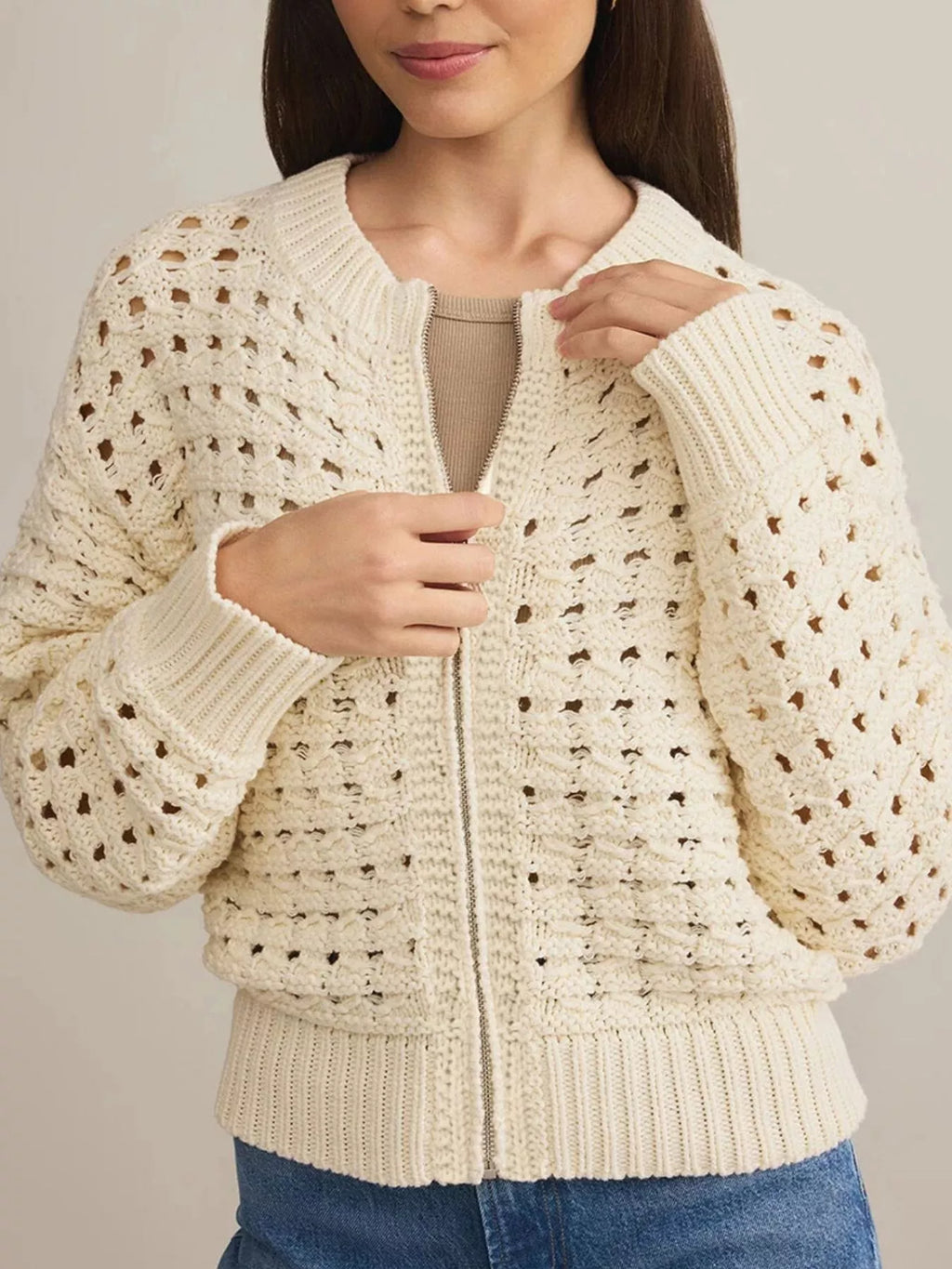 Sarah Express Women's Openwork Zip-Up Cardigan - Beige Acrylic Knit Sweater