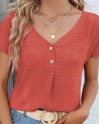 Women's Solid Button-Front V-Neck Short Sleeve Blouse Polyester