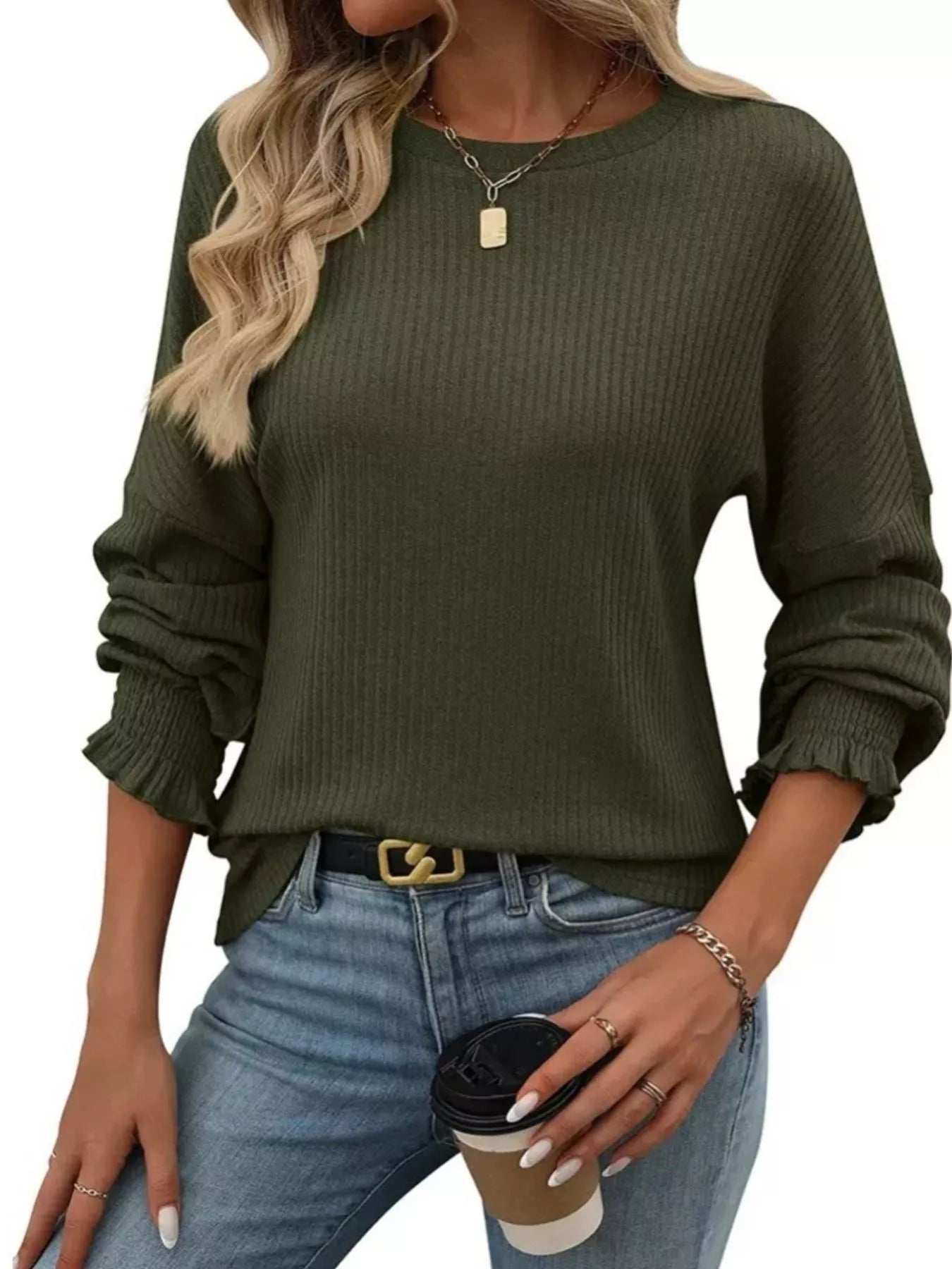 Sarah Express Women's Ribbed Knit Long Sleeve T-Shirt Army Green