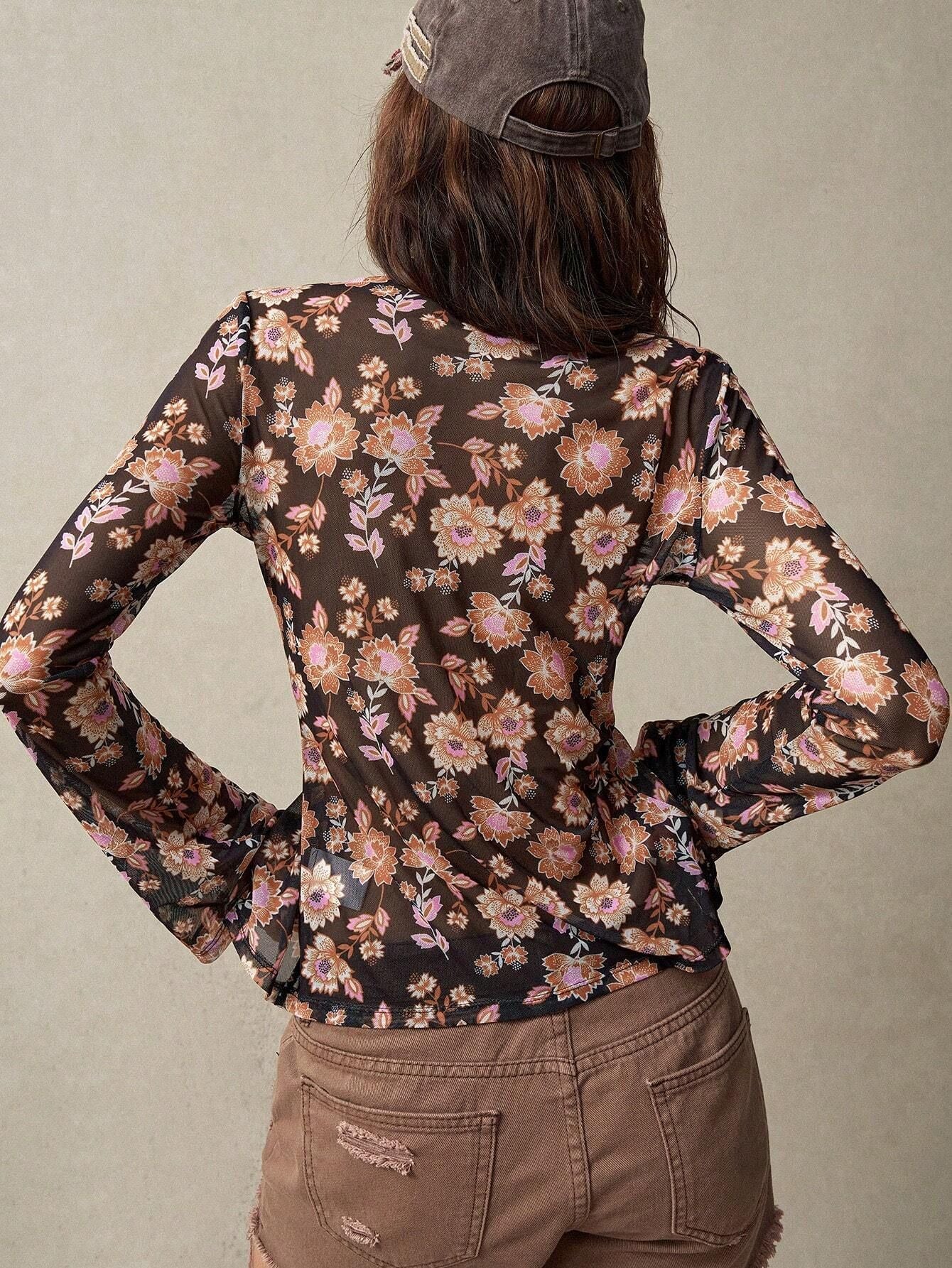 Women's Floral Print Long Sleeve Slim Fit Button-Down Cardigan Shirt