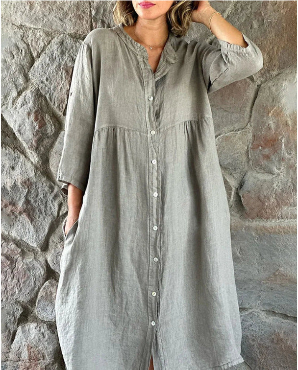 Casual Standing Collar Button Long Dress