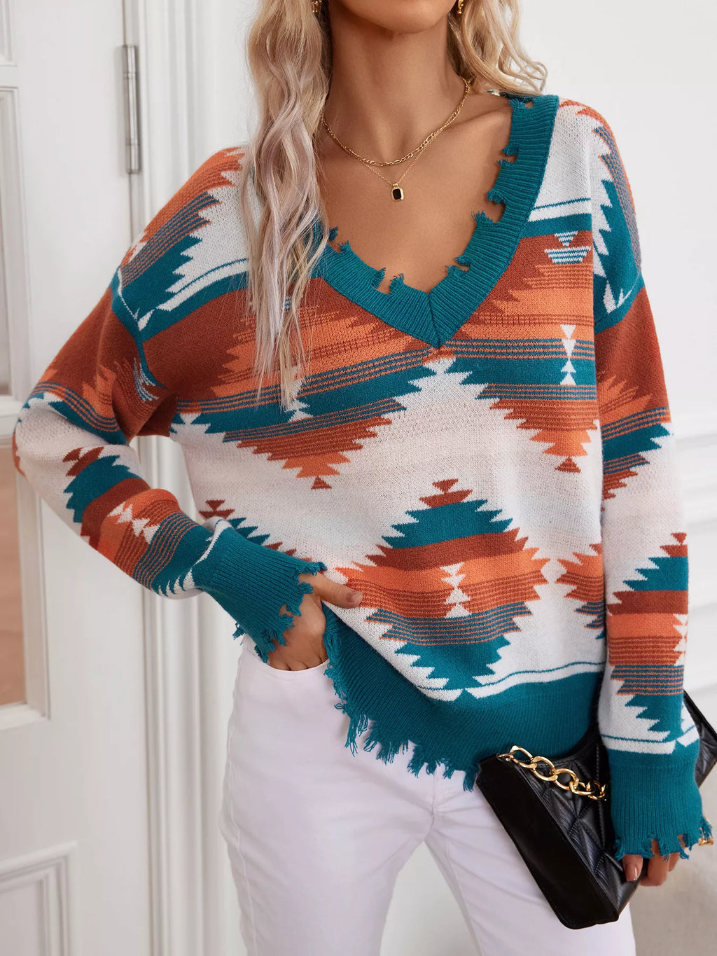 Sarah Express Women's Geometric Frayed Hem V-Neck Long Sleeve Sweater