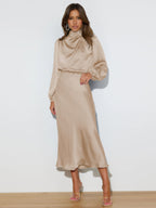 Women's Satin Formal Dress Halter Neck Long Sleeve Evening Midi Elegant