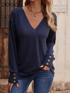 Sarah Express Women's V-Neck Long Sleeve T-Shirt - Button Detail Casual Top