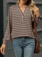 Sarah Express Women's Striped Henley T-Shirt with Button Detail