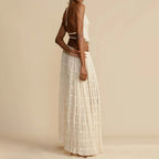 Women's Two-Piece Halter Top Pleated Maxi Skirt Set Backless Cropped Beach Outfit