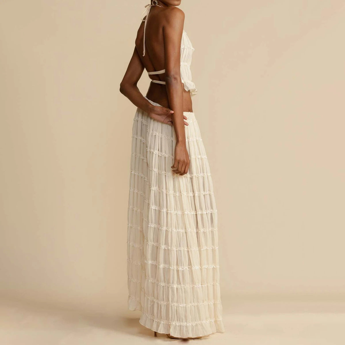 Women's Two-Piece Halter Top Pleated Maxi Skirt Set Backless Cropped Beach Outfit