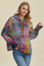 Sarah Express Women's Plaid Dropped Shoulder Fleece Hoodie