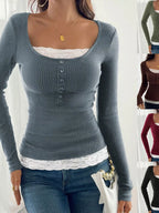 Sarah Express Women's Lace Detail Long Sleeve Ribbed Top