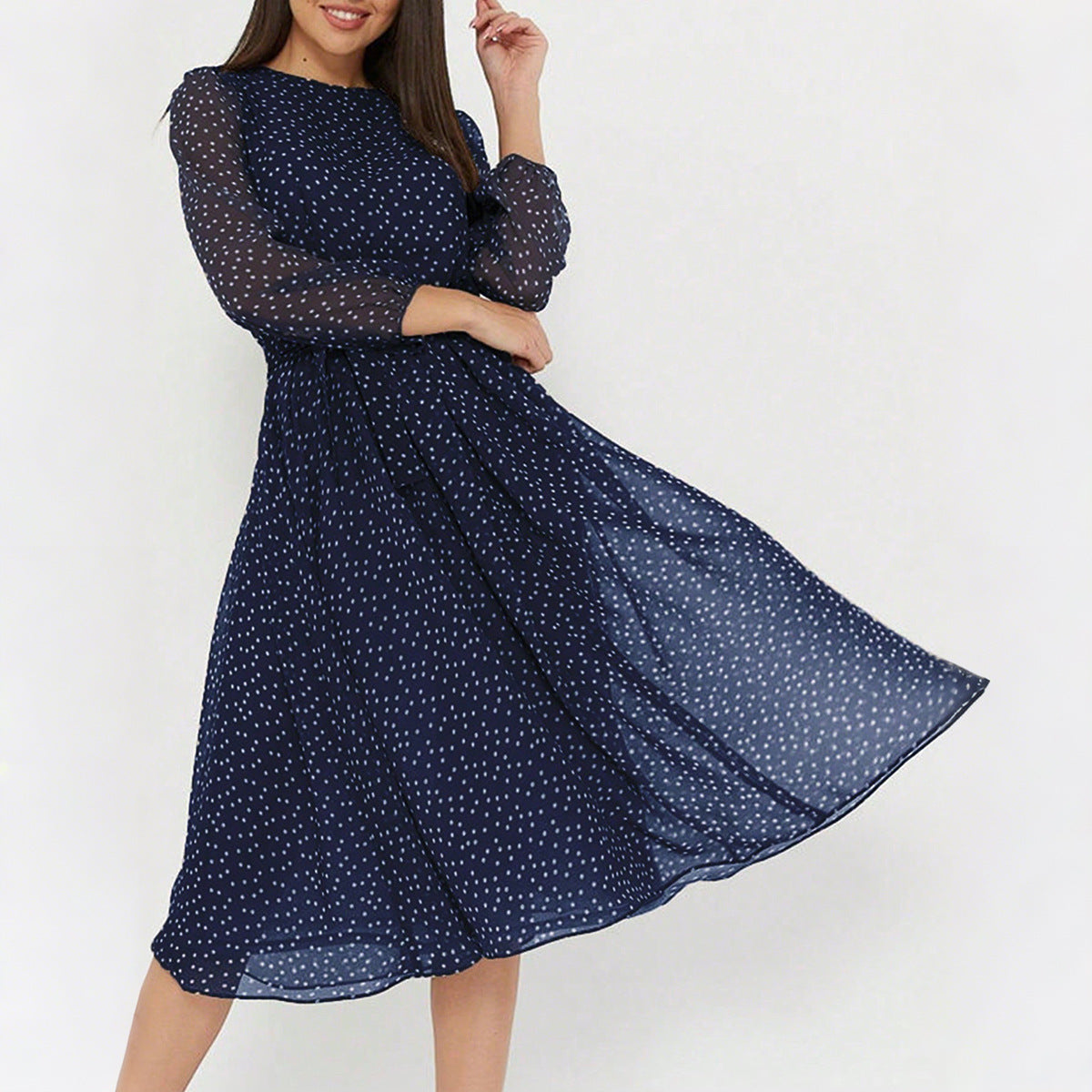Women's Polka Dot Maxi Dress Long Puff Sleeve High Waist A-Line