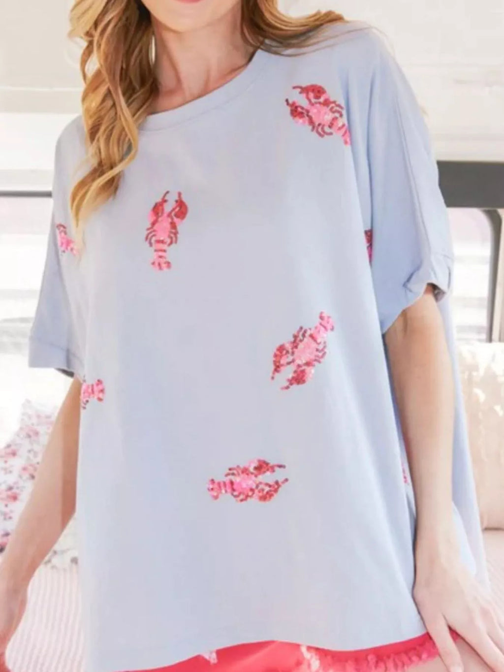 Sarah Express Women's Sequin Lobster Round Neck T-Shirt