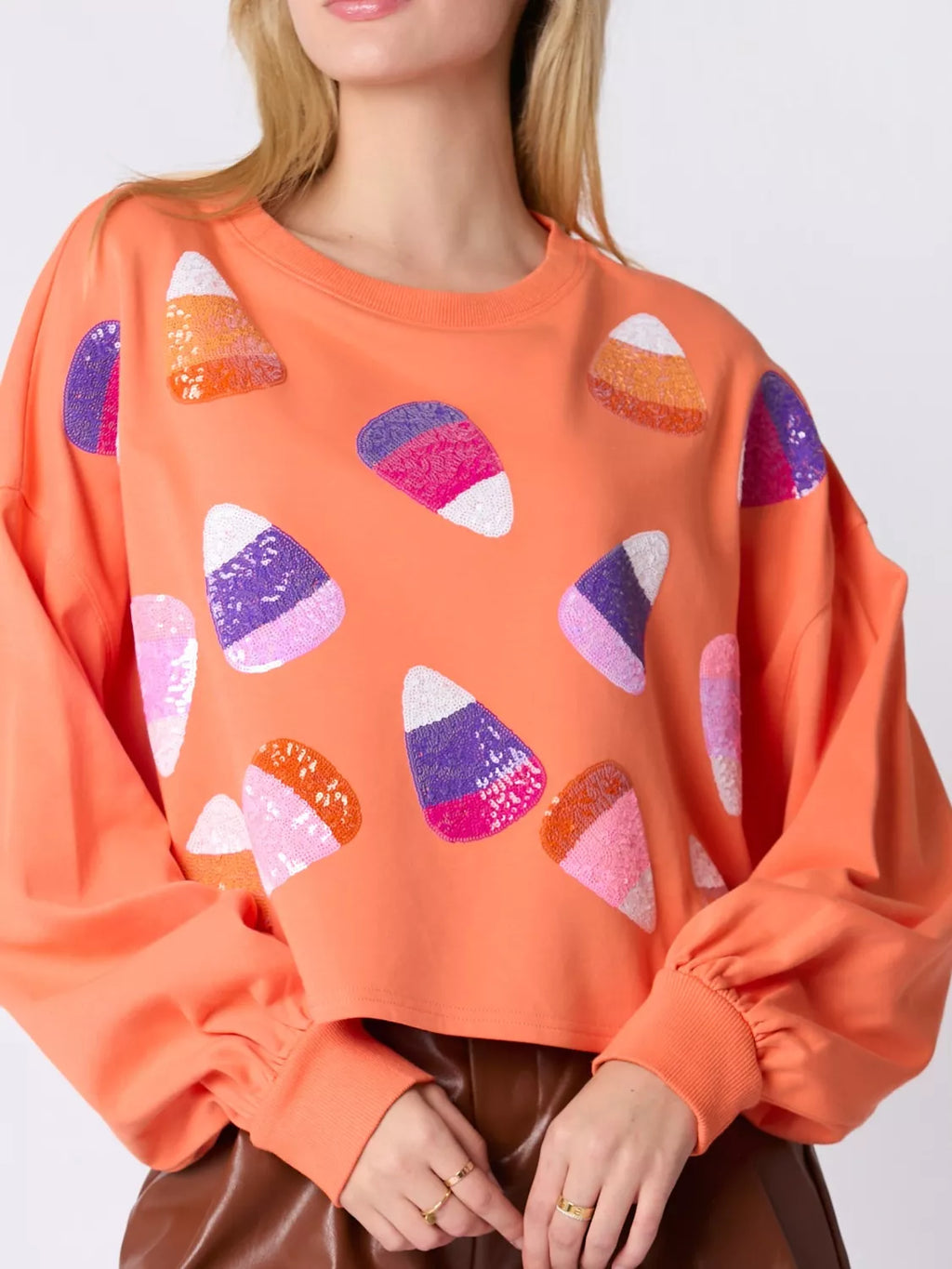 Sarah Express Women's Halloween Candy Sequin Long-Sleeve Sweatshirt Orange