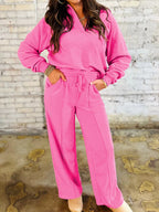 Sarah Express Women's Solid Color Collared Pullover and Central Seam Pants Set Hot Pink