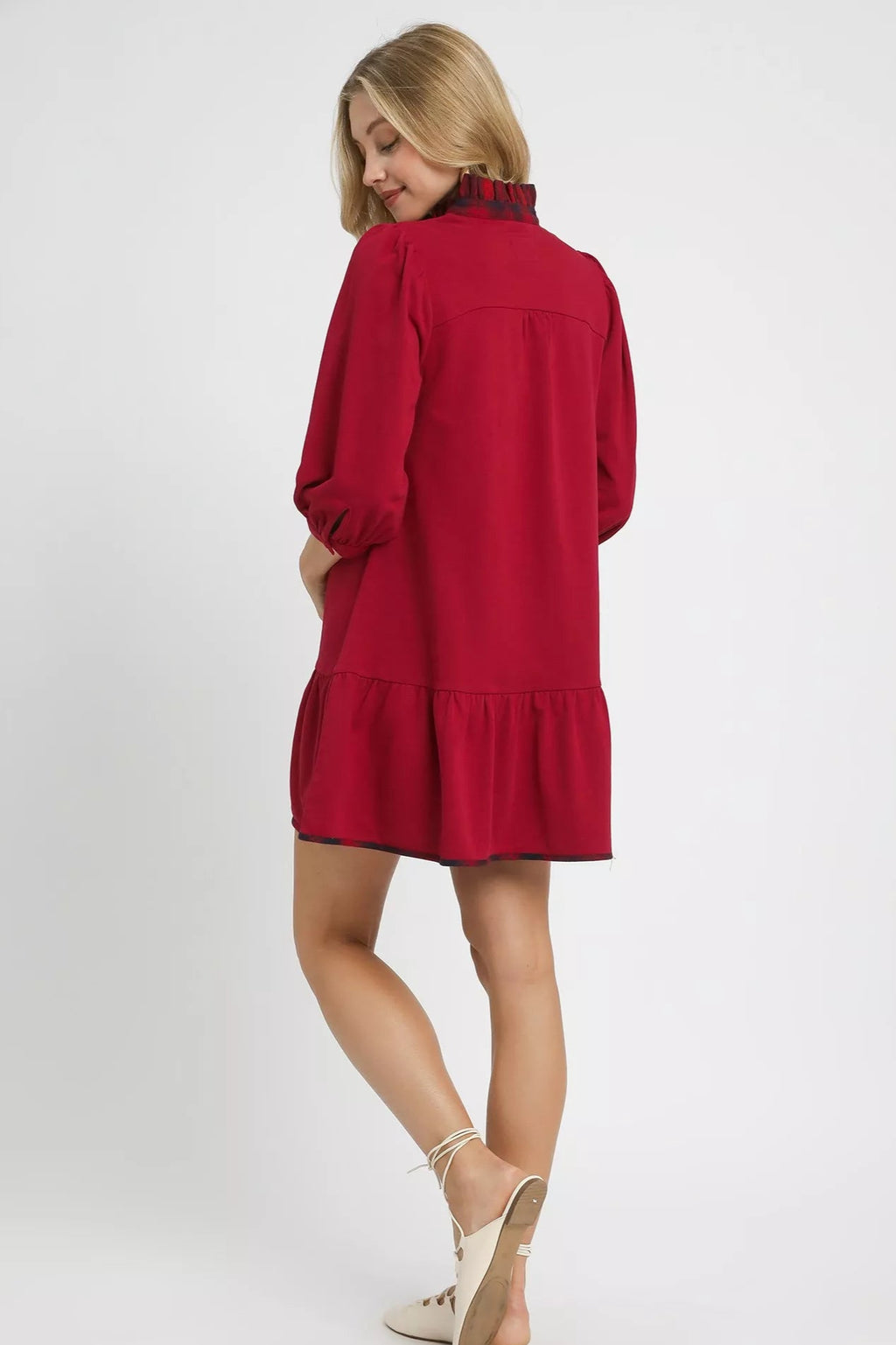 Sarah Express Women’s French Terry Ruffle Hem Dress with Plaid Trim Casual Fall