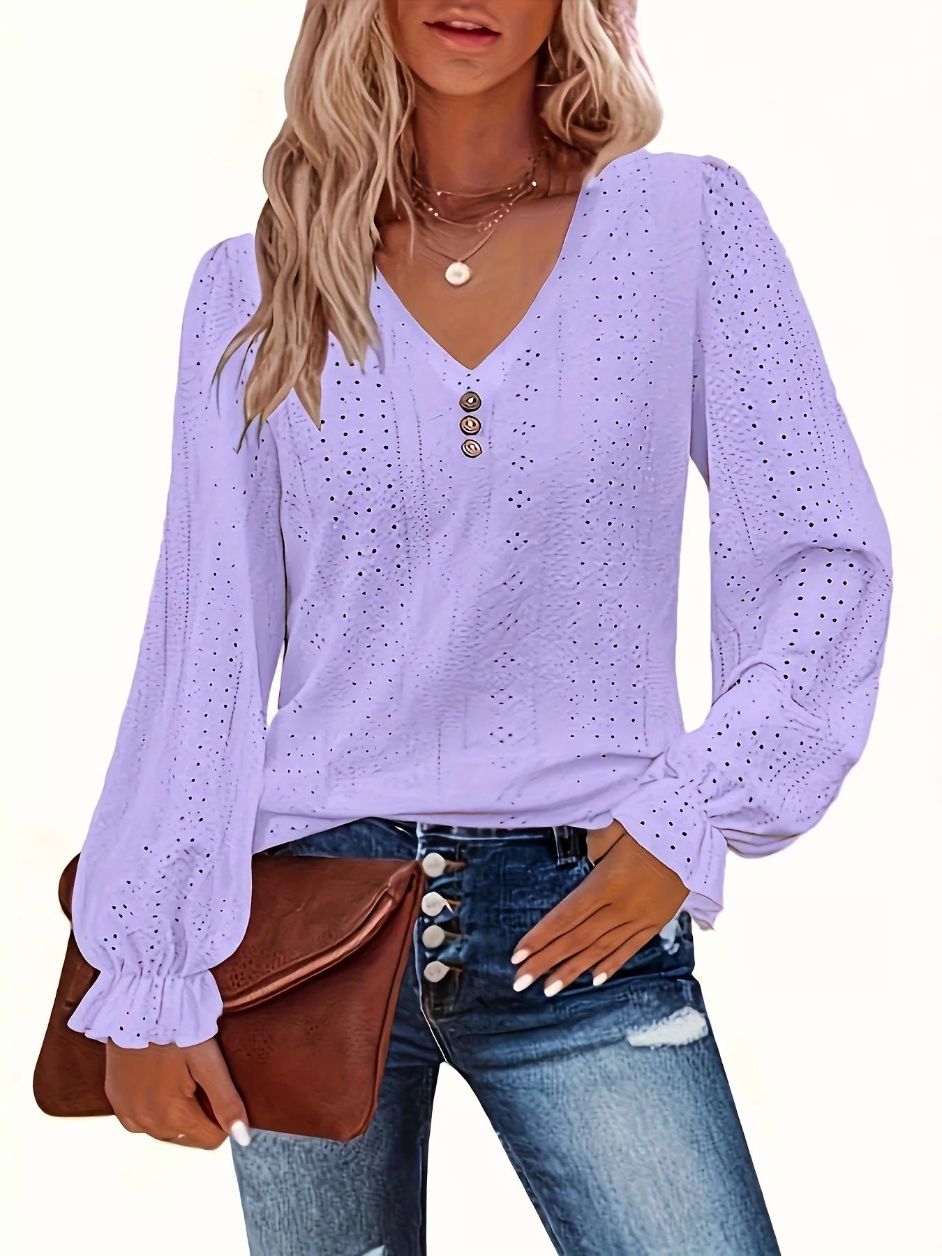 Sarah Express Women's Plus Size Eyelet V-Neck Flounce Sleeve Blouse Light Purple
