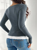 Sarah Express Women's Lace Detail Long Sleeve Ribbed Top